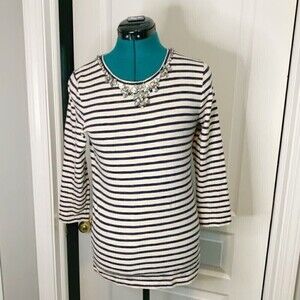 J. Crew Nautical Stripe Rhinestone Crew Neck 3/4 Sleeve Casual Top